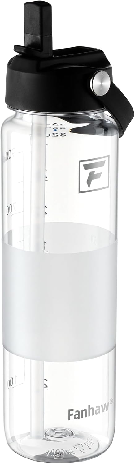 Fanhaw 32 oz Clear Water Bottle with Straw Lid - Tritan, BPA-Free, Lightweight, Wide Mouth, Leak-Proof, Perfect for Gym, Travel, School, Office, and Sports(Clear & Black)
