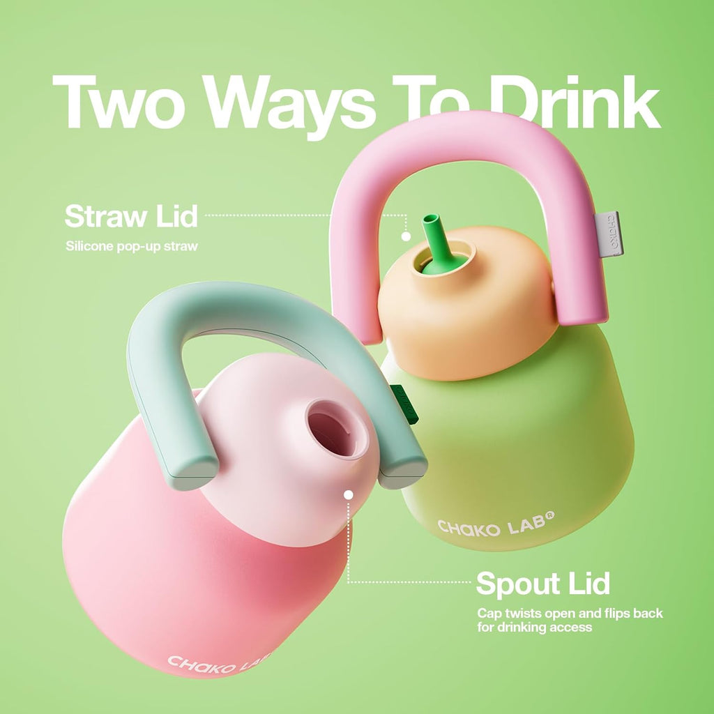 CHAKO LAB Water Bottle with Straw and Carry Handle | Wide Mouth vacuum insulated stainless steel Bottles | Reusable, leak-proof and BPA-free | 33oz(Green&Orange)