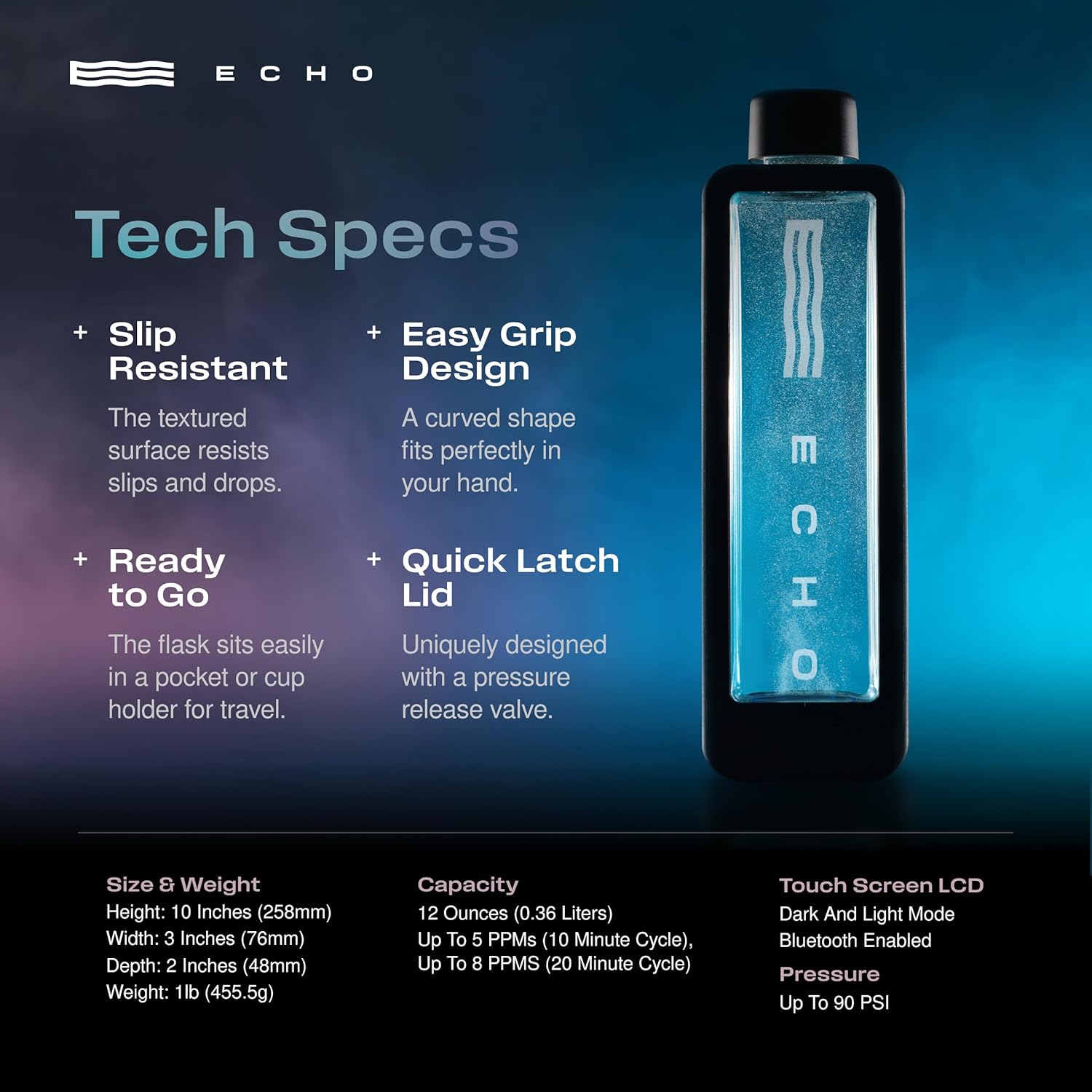 Echo Flask Hydrogen Water Bottle - Active Hydration Solution with Water Intake Tracking & LCD Touch Screen - Compact & Convenient - Transparent Hydrogen Flask - 12 oz